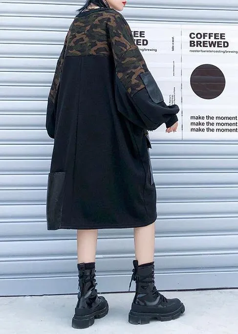 DIY patchwork Cotton big pockets tunics for women Fabrics black o neck Dress