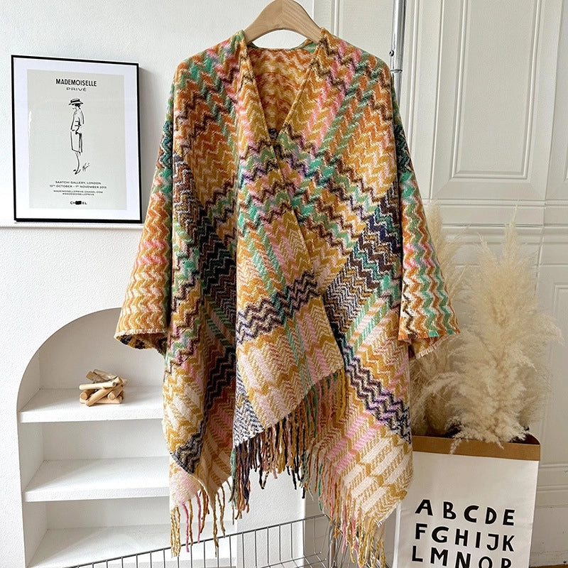 Yunnan Lijiang Travel Outside Knitted Shawl Ethnic Style Vintage Cape Cloak Tassel Scarf For Vacation Wear