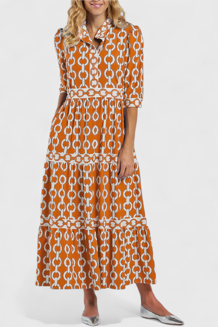 Chain Pattern Midi Dress with Collared Neckline