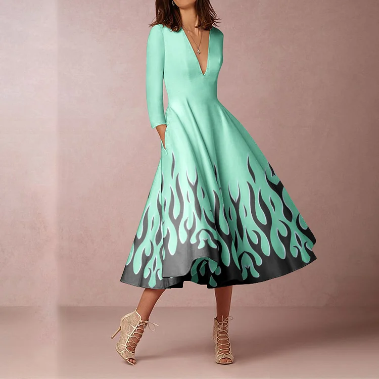 Vefave Fashion Print Mid Sleeve Midi Dress