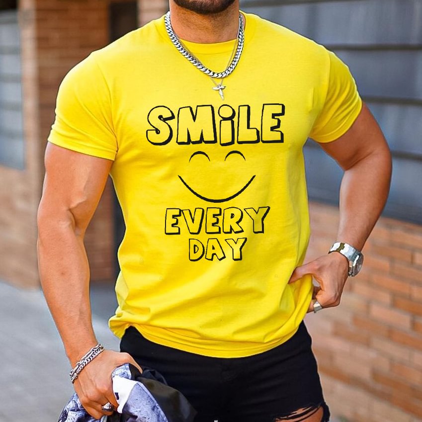 Men's Casual Fashion Smile Every Day Print Short Sleeve T-Shirt、、URBENIE