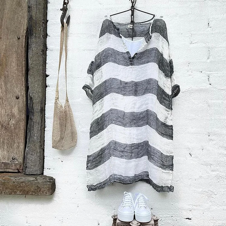 VChics Casual Loose V Neck Striped Midi Dress