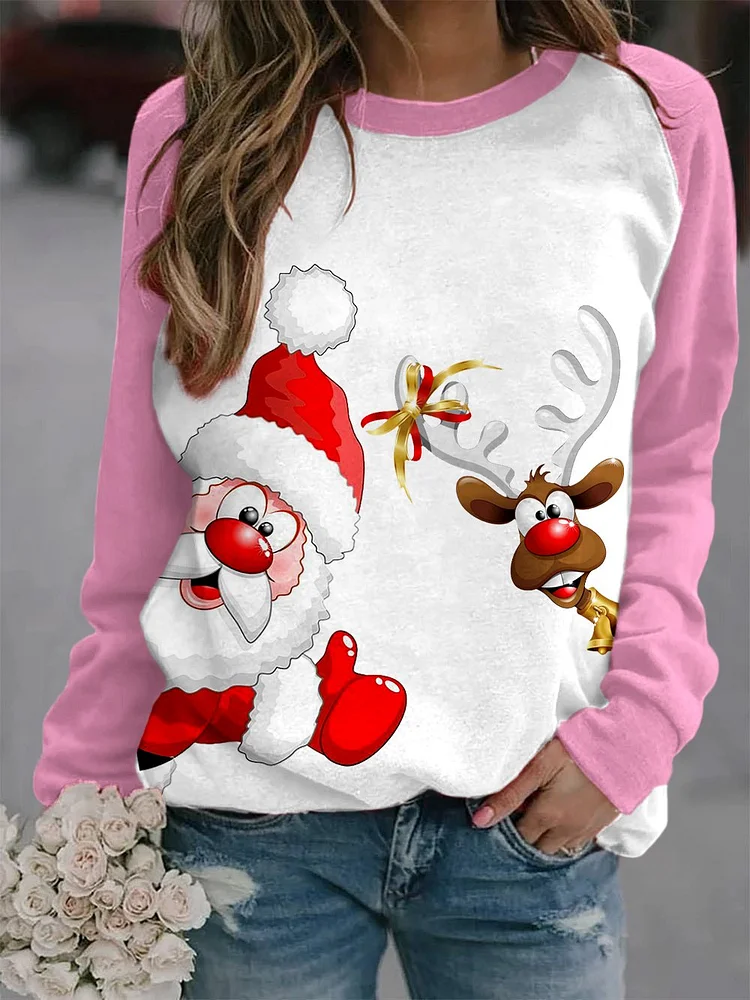 Women's Santa and Elk Print Long Sleeve Top