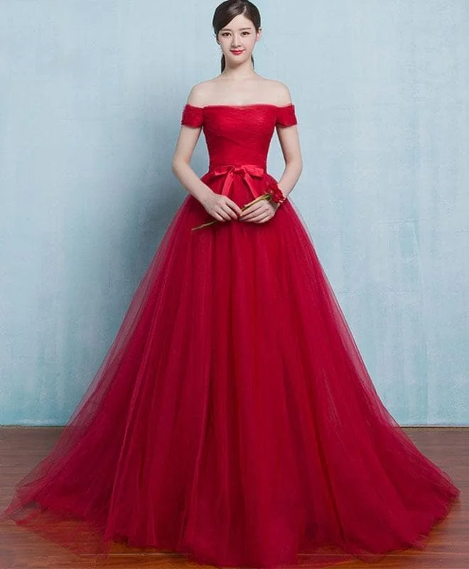 Red A Line Tulle Long Prom Gown, Cheap Evening Dress