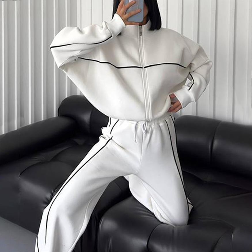 Casual Set Long Sleeve Half High Neck Cardigan Sweatshirt Lace Up Striped Pants