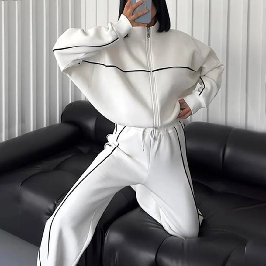 Casual Set Long Sleeve Half High Neck Cardigan Sweatshirt Lace Up Striped Pants