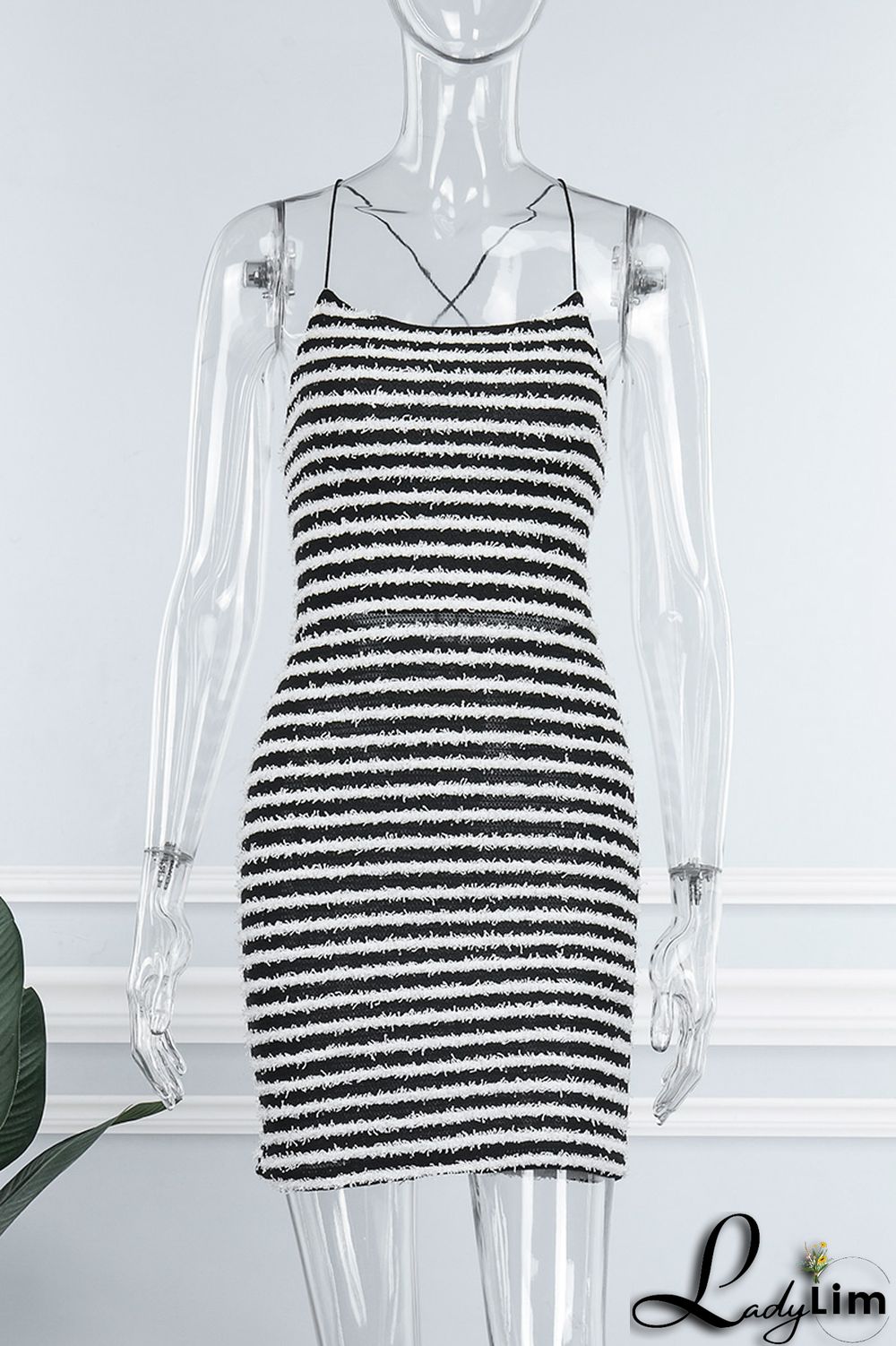 Black Sexy Striped Print Bandage Backless Spaghetti Strap Sleeveless Dress Dresses