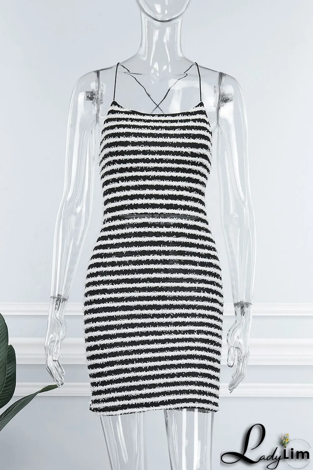 Black Sexy Striped Print Bandage Backless Spaghetti Strap Sleeveless Dress Dresses