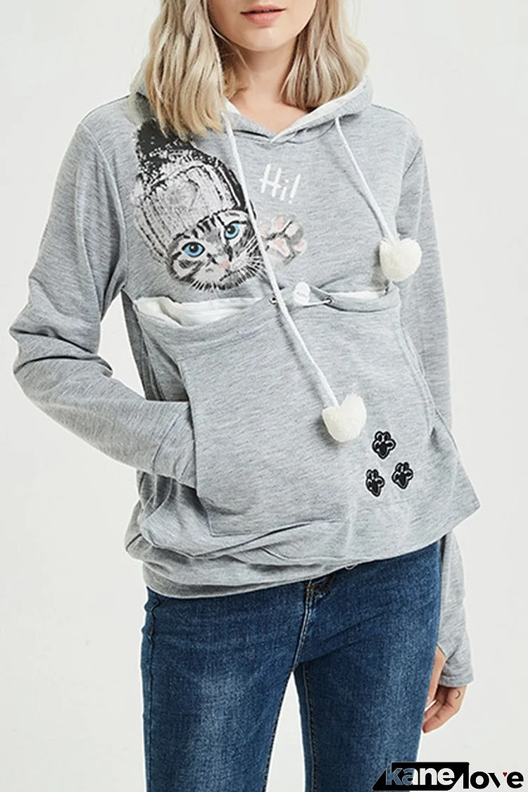 Casual Print Pocket Hooded Collar Tops