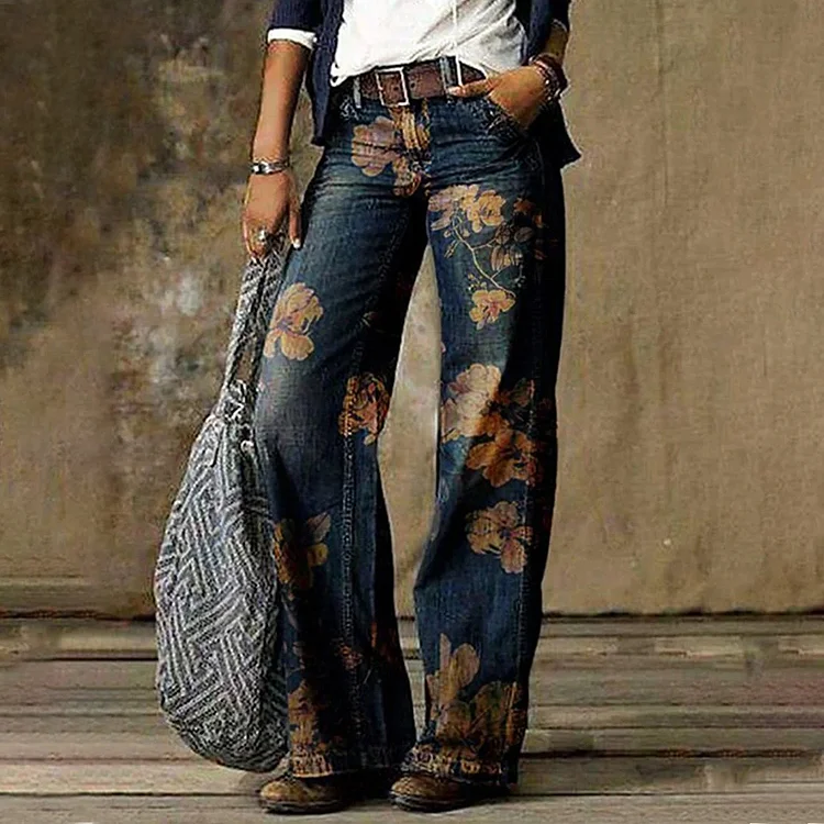 Boho Floral Pattern Hem Straight Leg Denim Jeans