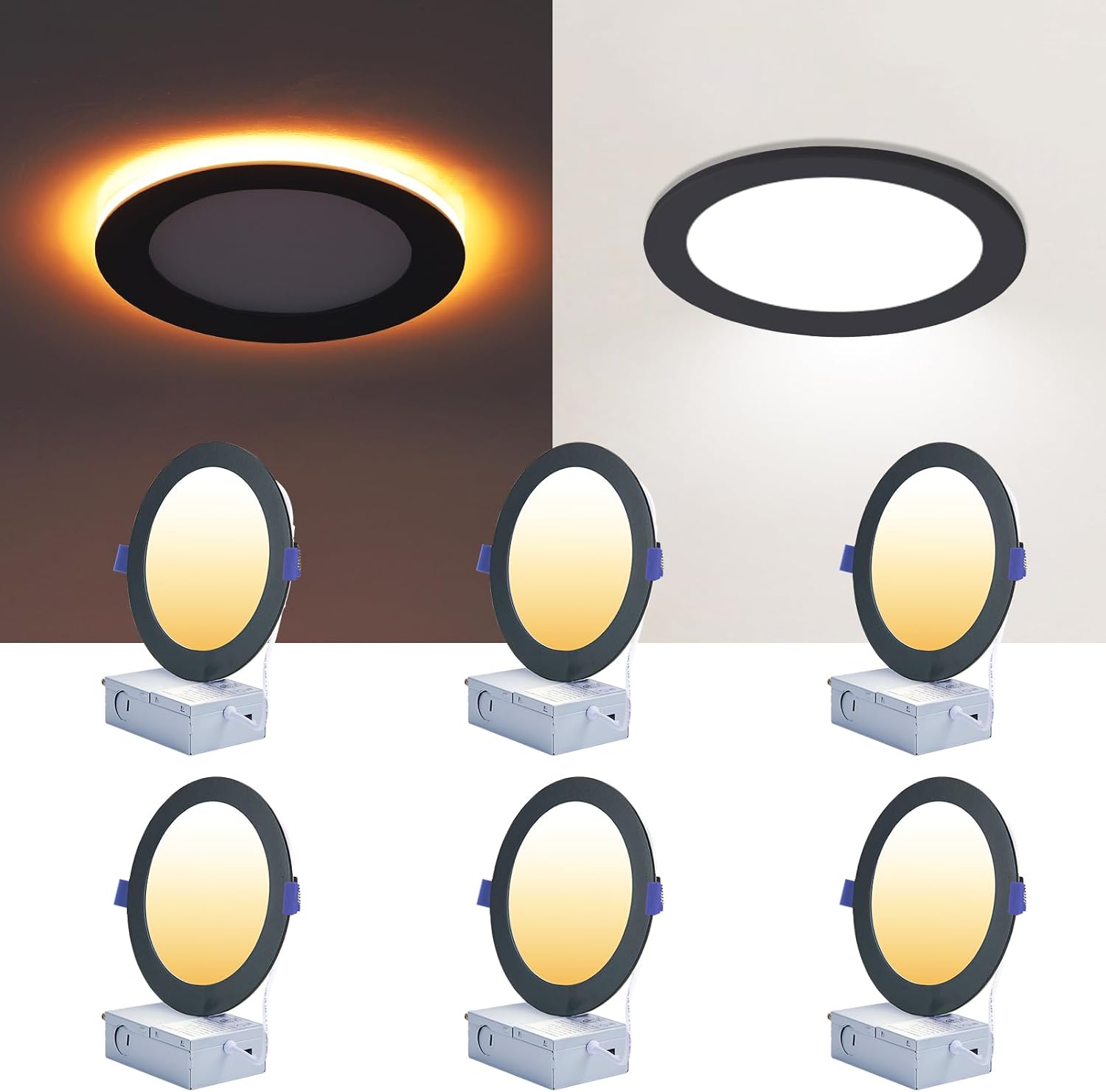 6 Pack 6 Inch LED Recessed Lights with Night Light Black