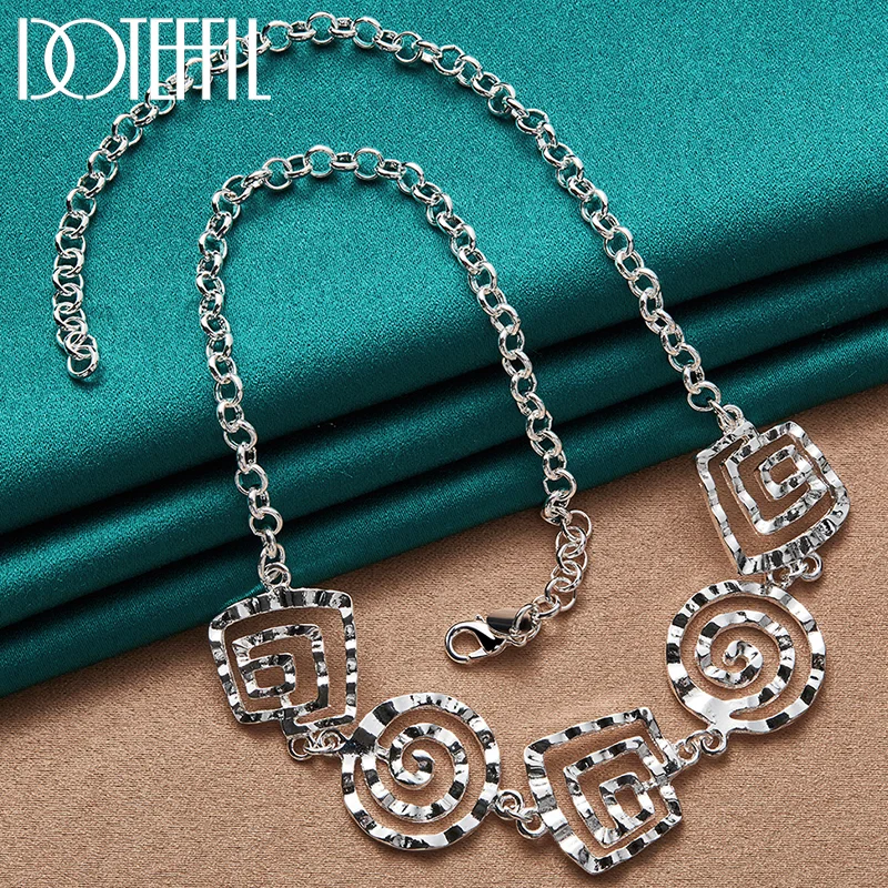 DOTEFFIL 925 Sterling Silver 20 Inch Round Square Spiral Pendant Necklace For Man Women Jewelry