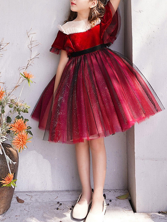 Oknass Short Sleeve Jewel Neck A-Line Flower Girl Dress With Bow Cascading Ruffles Crystals  Rhinestones