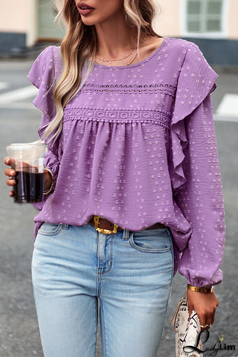 Long Sleeve Ruffle Round Neck Casual Tops