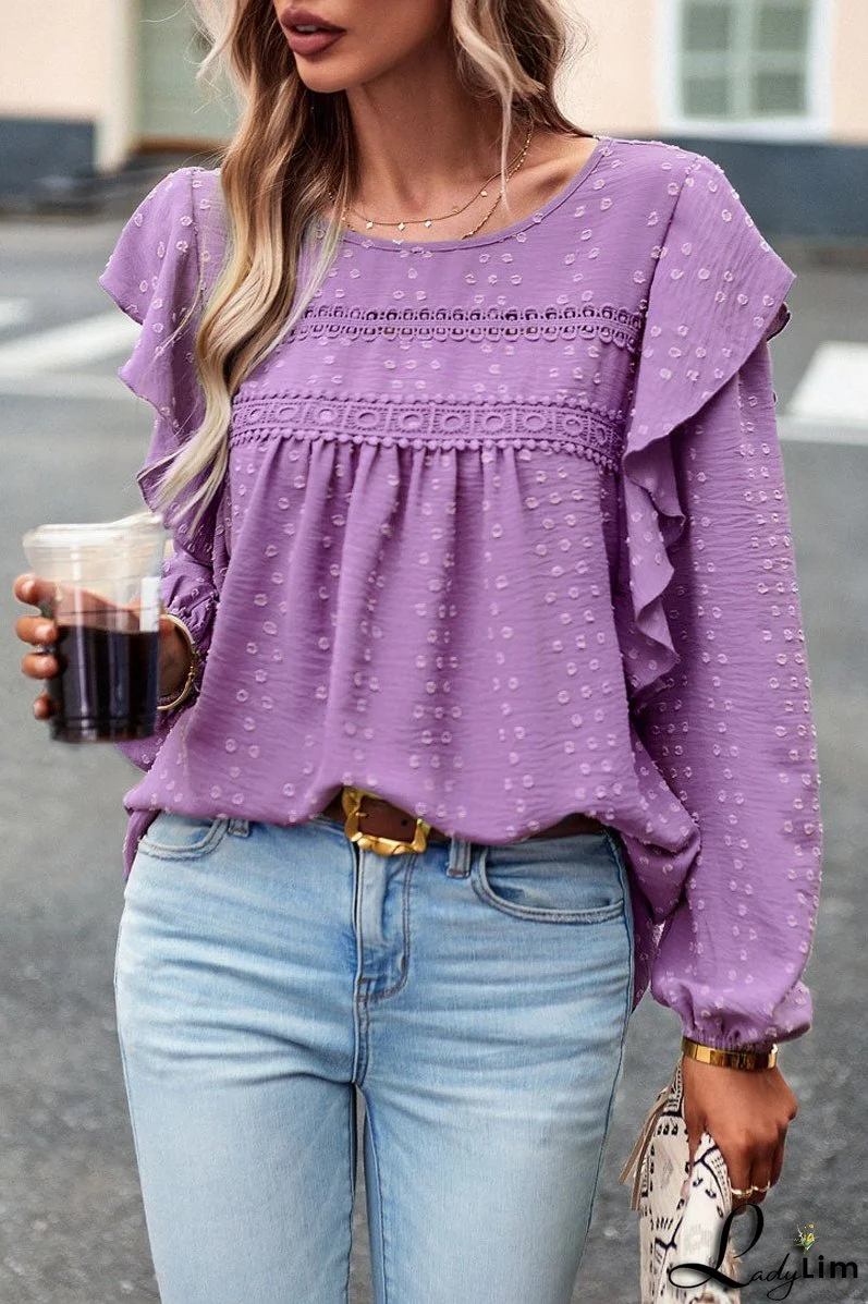 Long Sleeve Ruffle Round Neck Casual Tops
