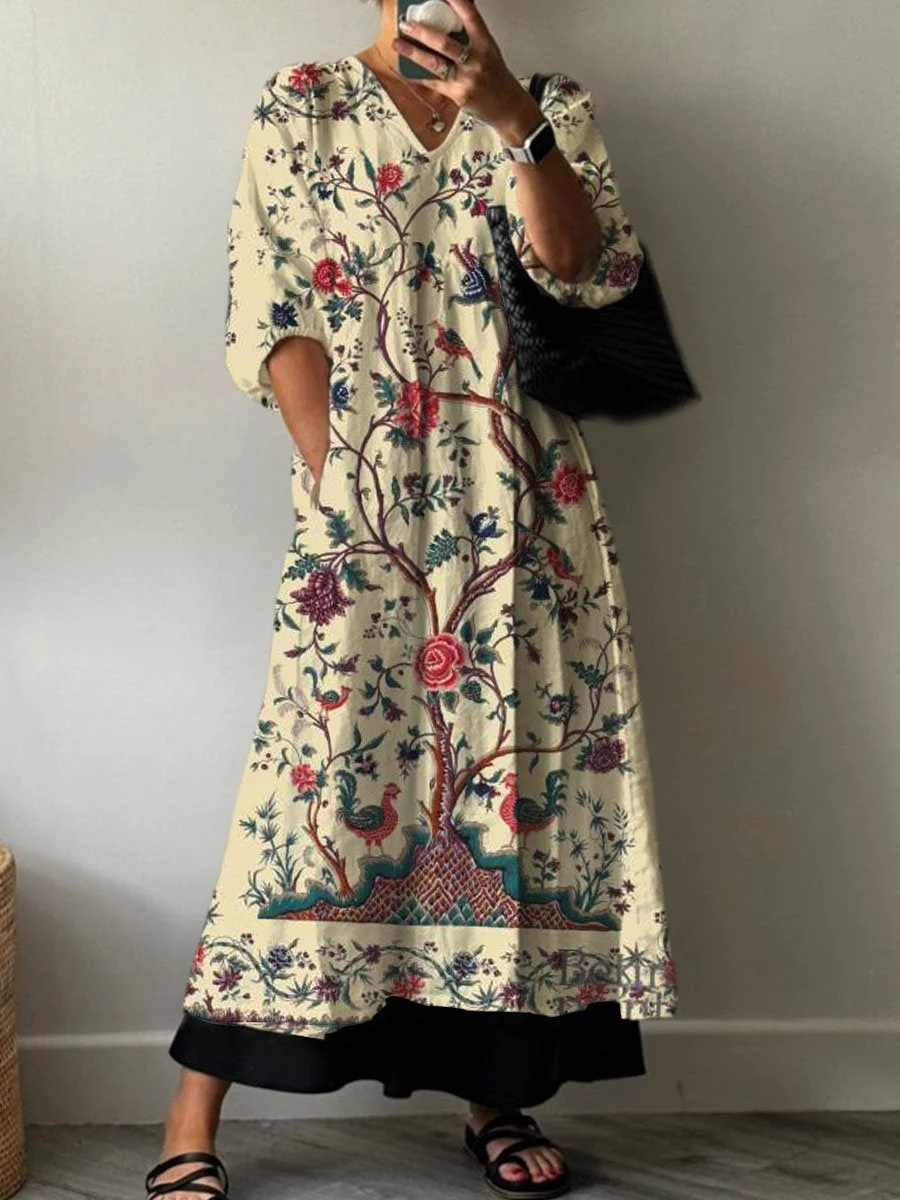 Women's  Boho Vintage Floral Print Pocket V-neck Cotton Dress