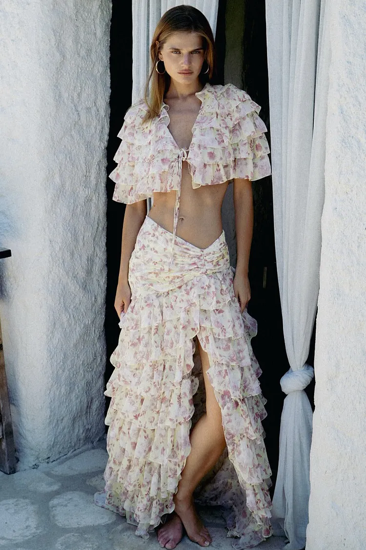 Ruffled Tiered Split Cake Skirt Two Piece Set