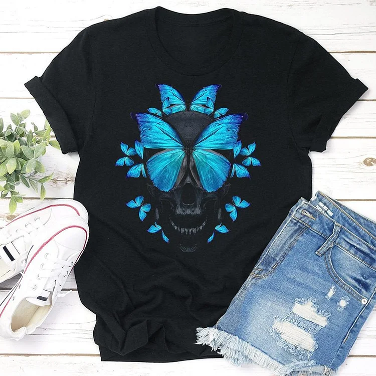 Blue butterfly  Skull Lovers T-Shirt Tee --Annaletters