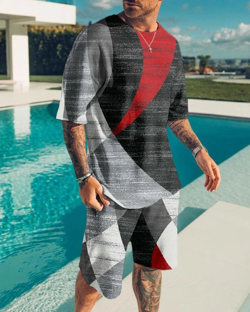 Men's Abstract Color Block Printed Short Sleeve Suit