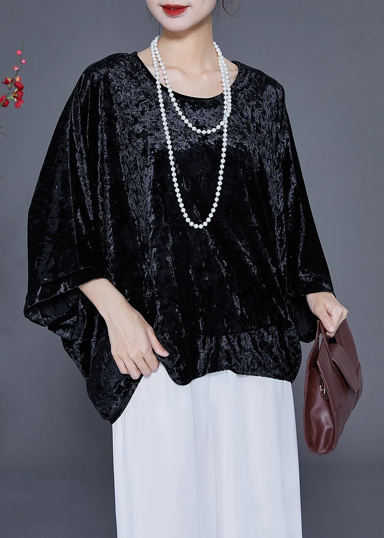 French Black O-Neck Oversized Silk Velour Shirt Tops Batwing Sleeve