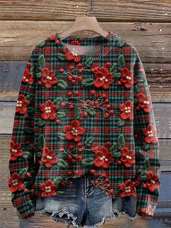 Women's Plaid Red Pearl Flowers Leaves Pattern Pullover Sweater