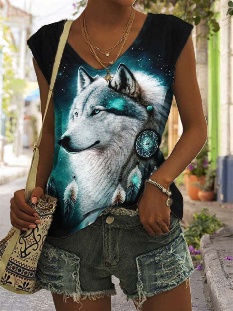  Wild Wolf with Dream Catcher V Neck Tank Top Westsshops