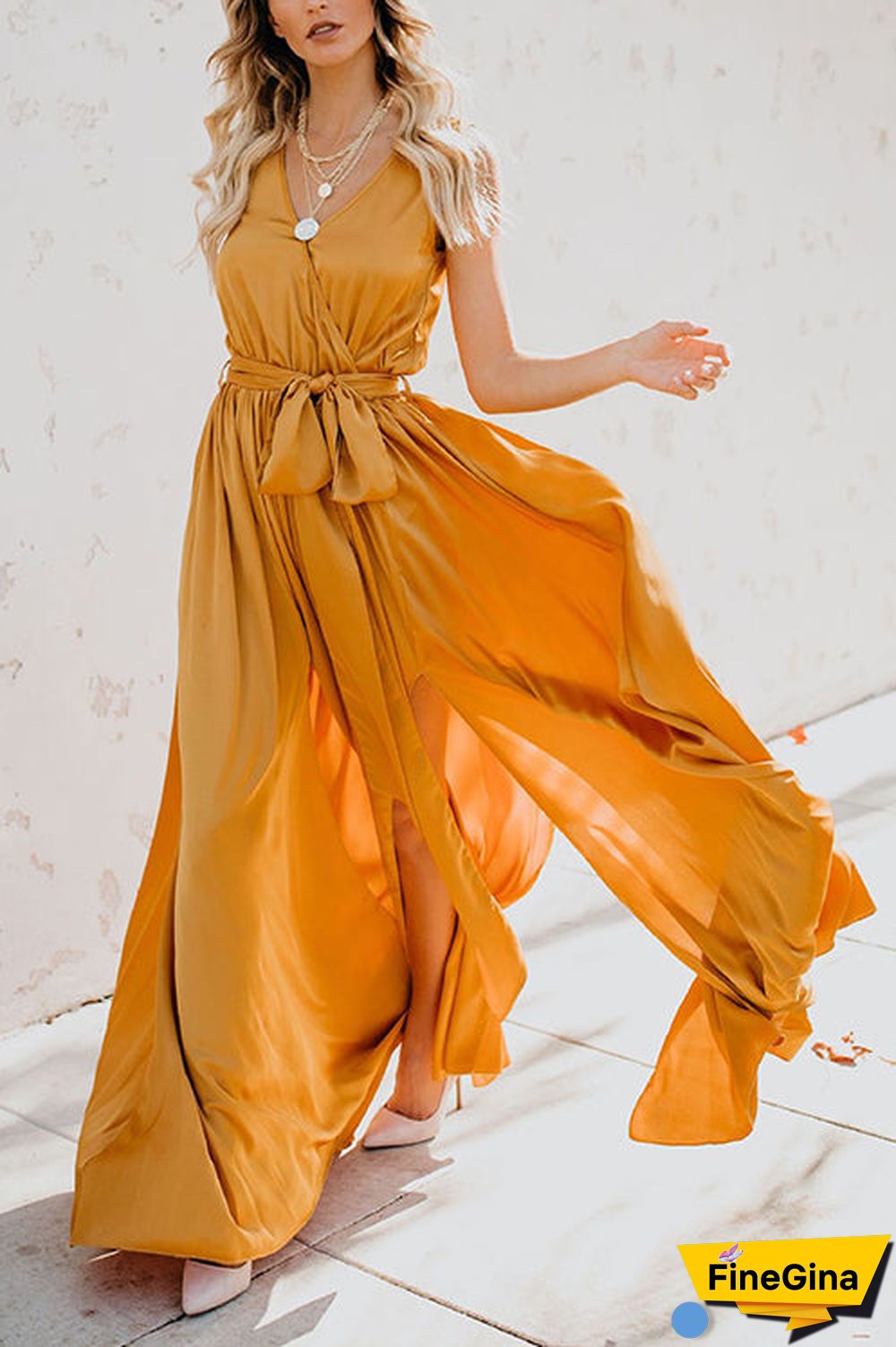 V Neck Sleeveless Slit Wrap Maxi Dress