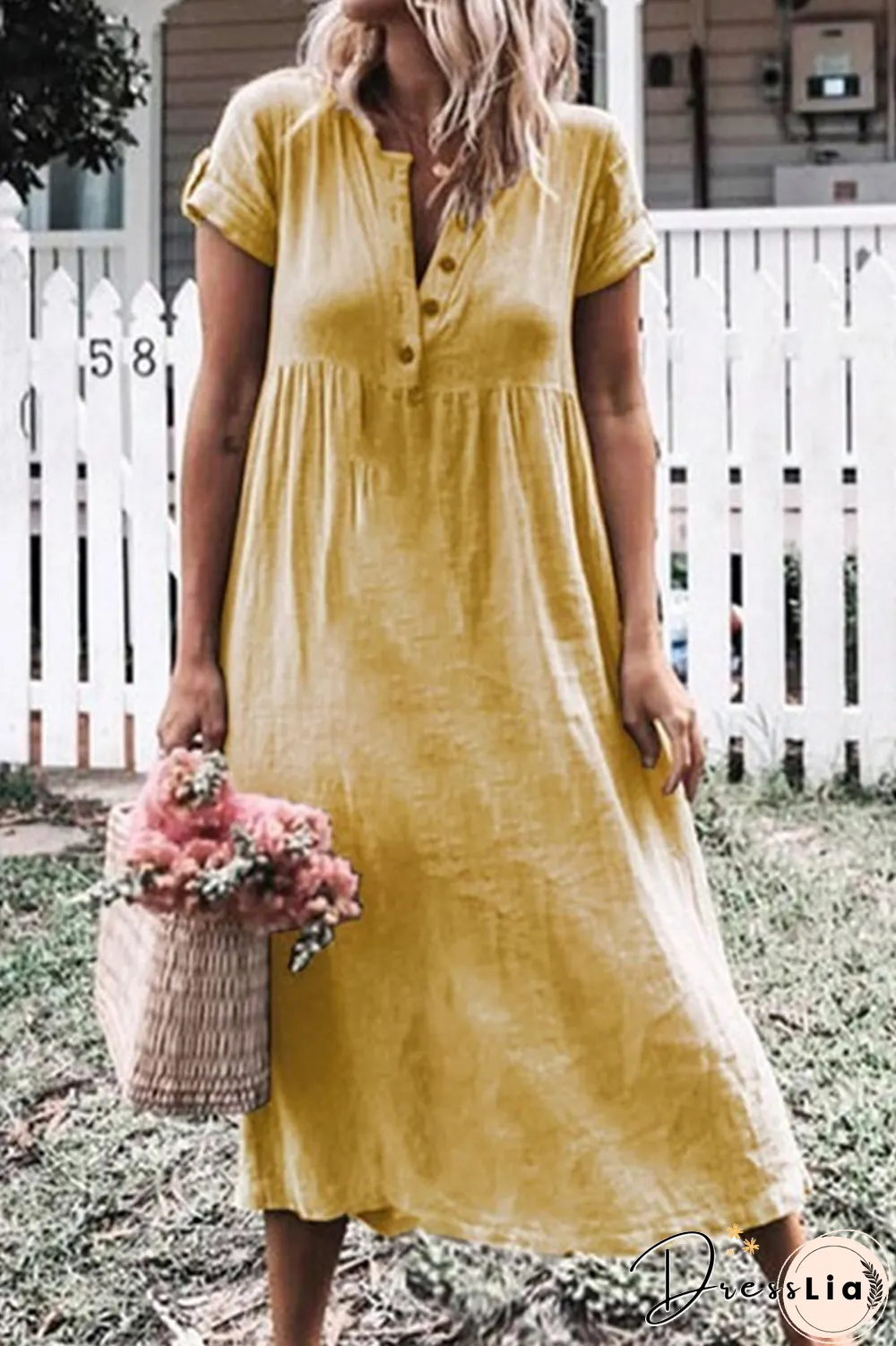 Casual Solid Buckle V Neck Straight Dresses(6 colors)