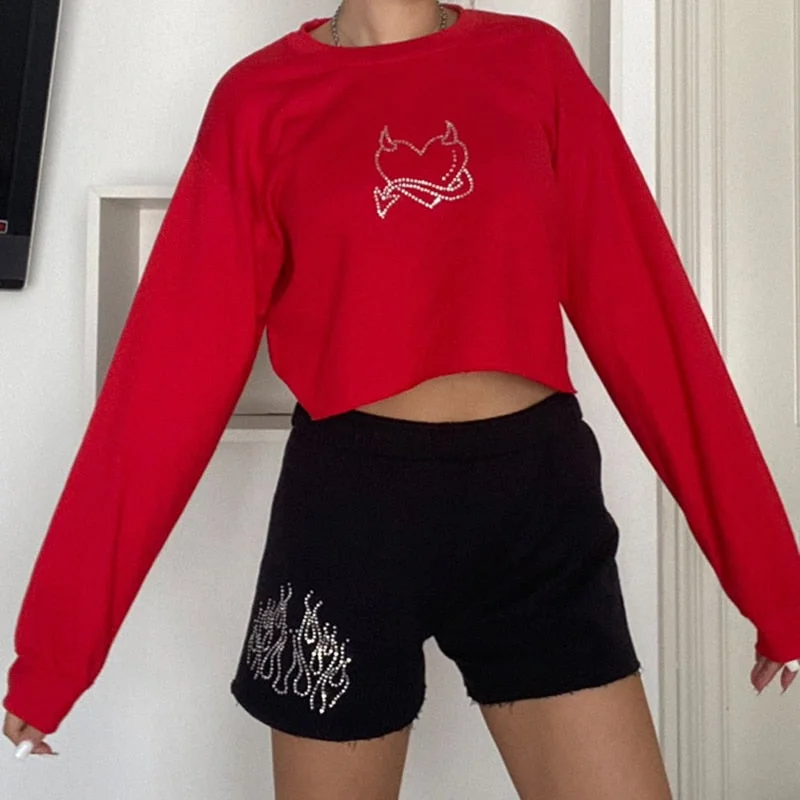 Heart Rhinestone Print Crop Sweatshirts Joggers Women Streetwear Autumn Casual Tops Crewneck Loose Cute 90s Shirts Cuteandpsycho