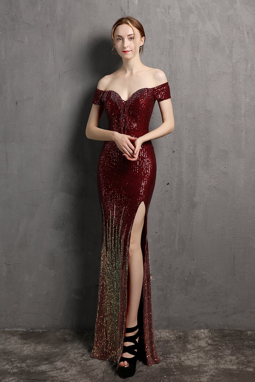 Luluslly Off-the-Shoulder Sweetheart Evening Dress Mermaid Sequnins Long With Slit YE0098