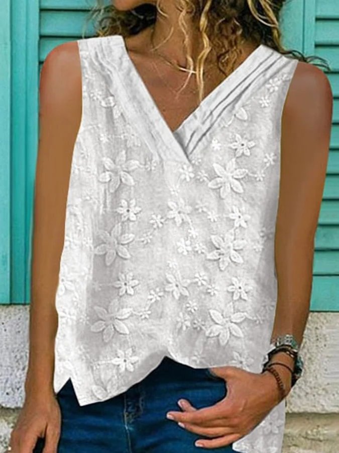 Women's Lace Stitching Cotton Linen Sleeveless Vest