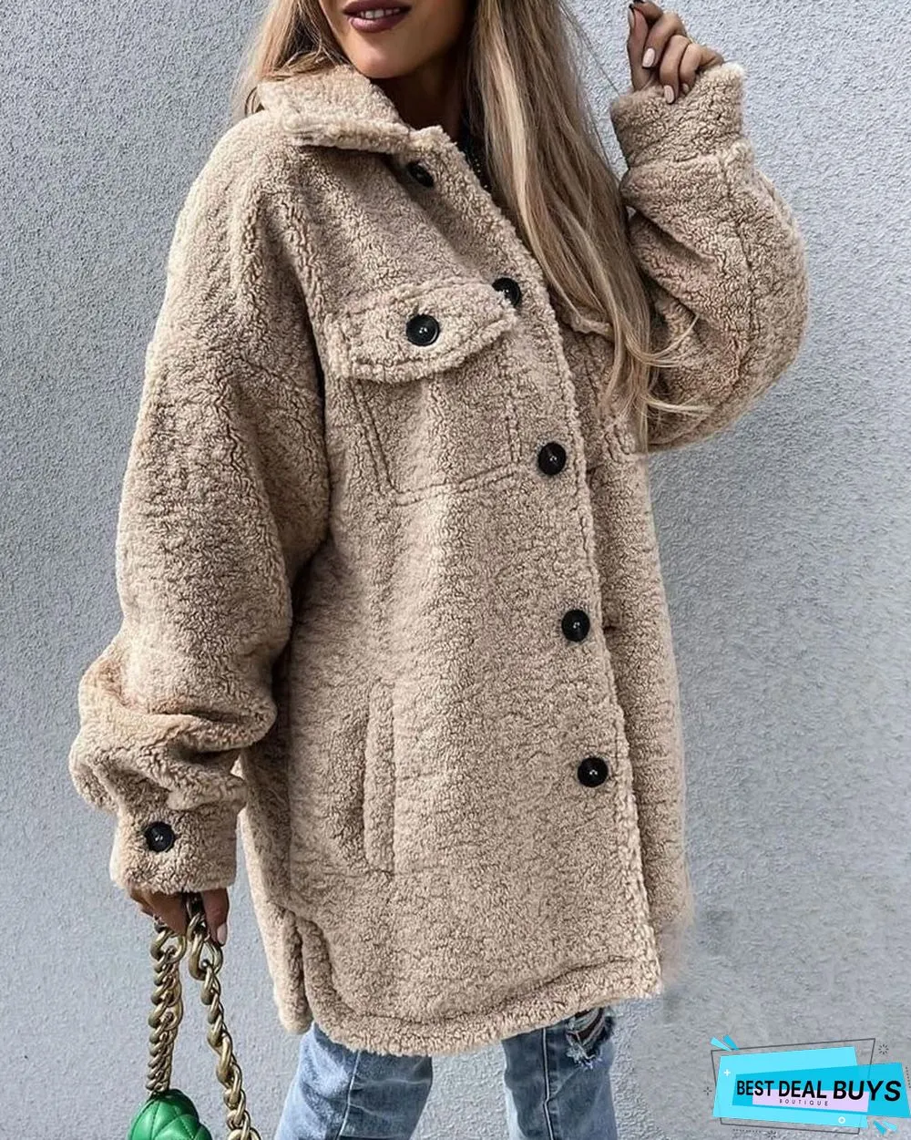 Long Sleeve Flap Pocket Button Down Teddy Coat