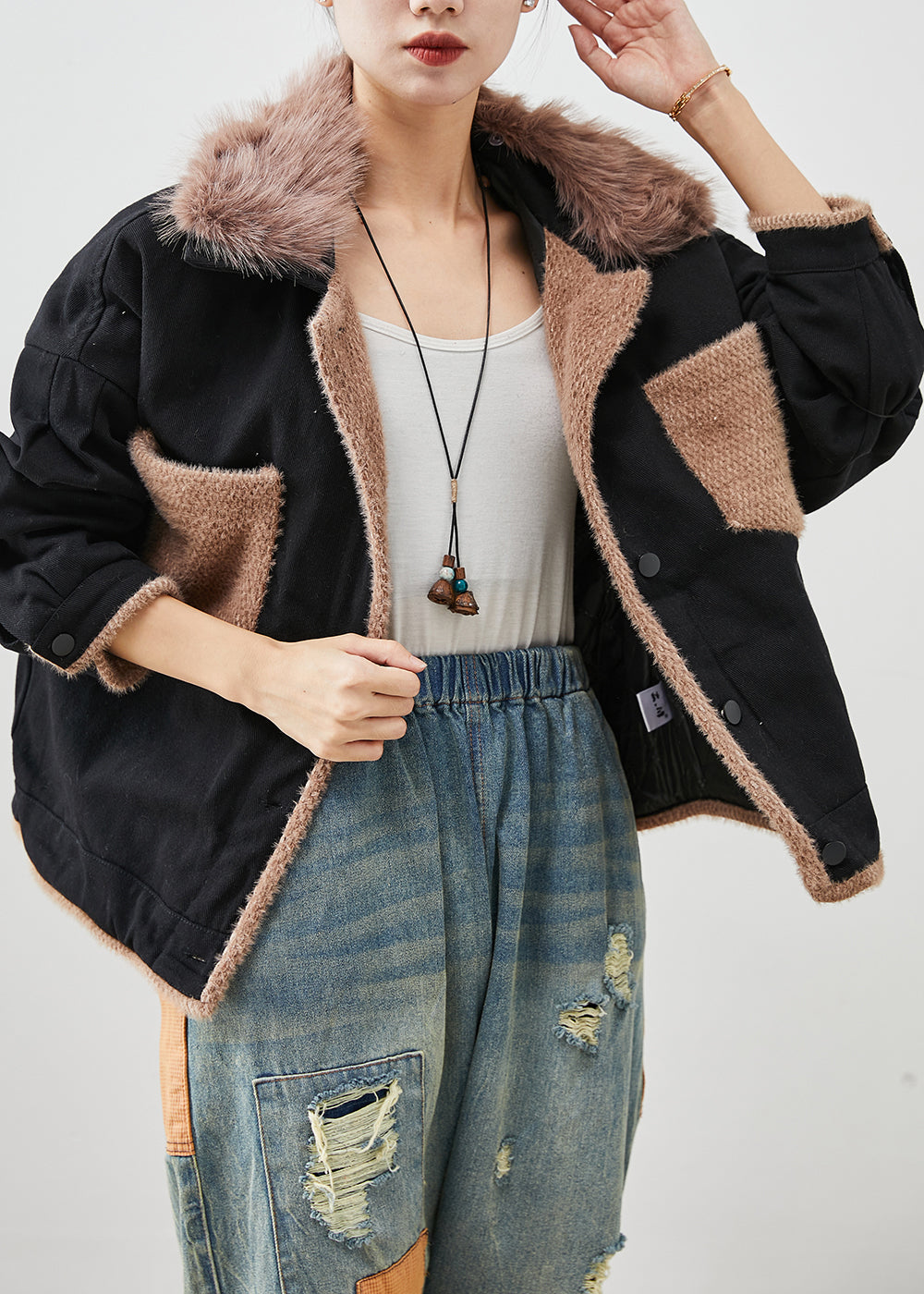 VCSHOES Black Fur Collar Patchwork Cotton Coats Fall