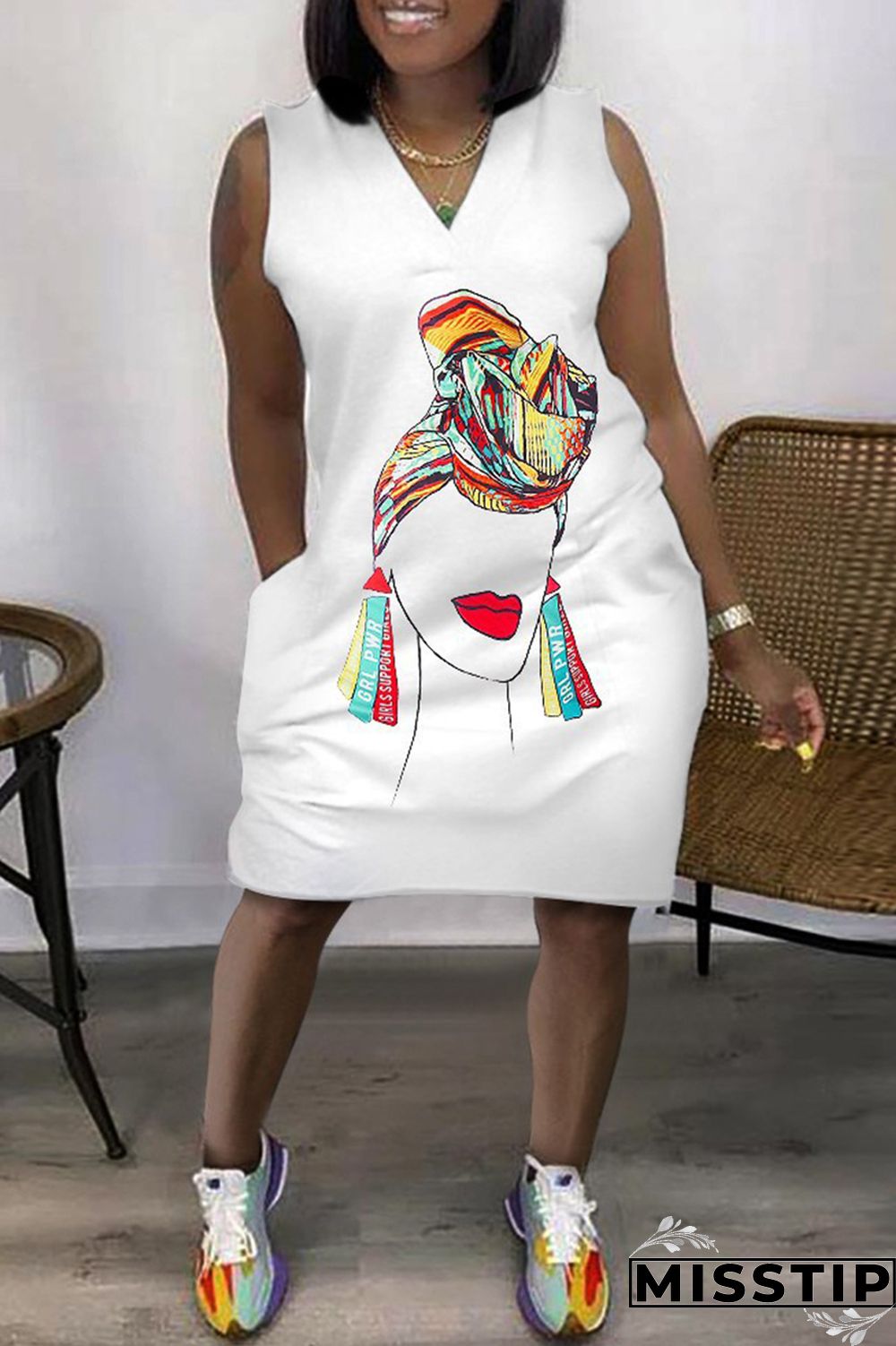 Green Fashion Casual Print Patchwork V Neck Sleeveless Plus Size Dress