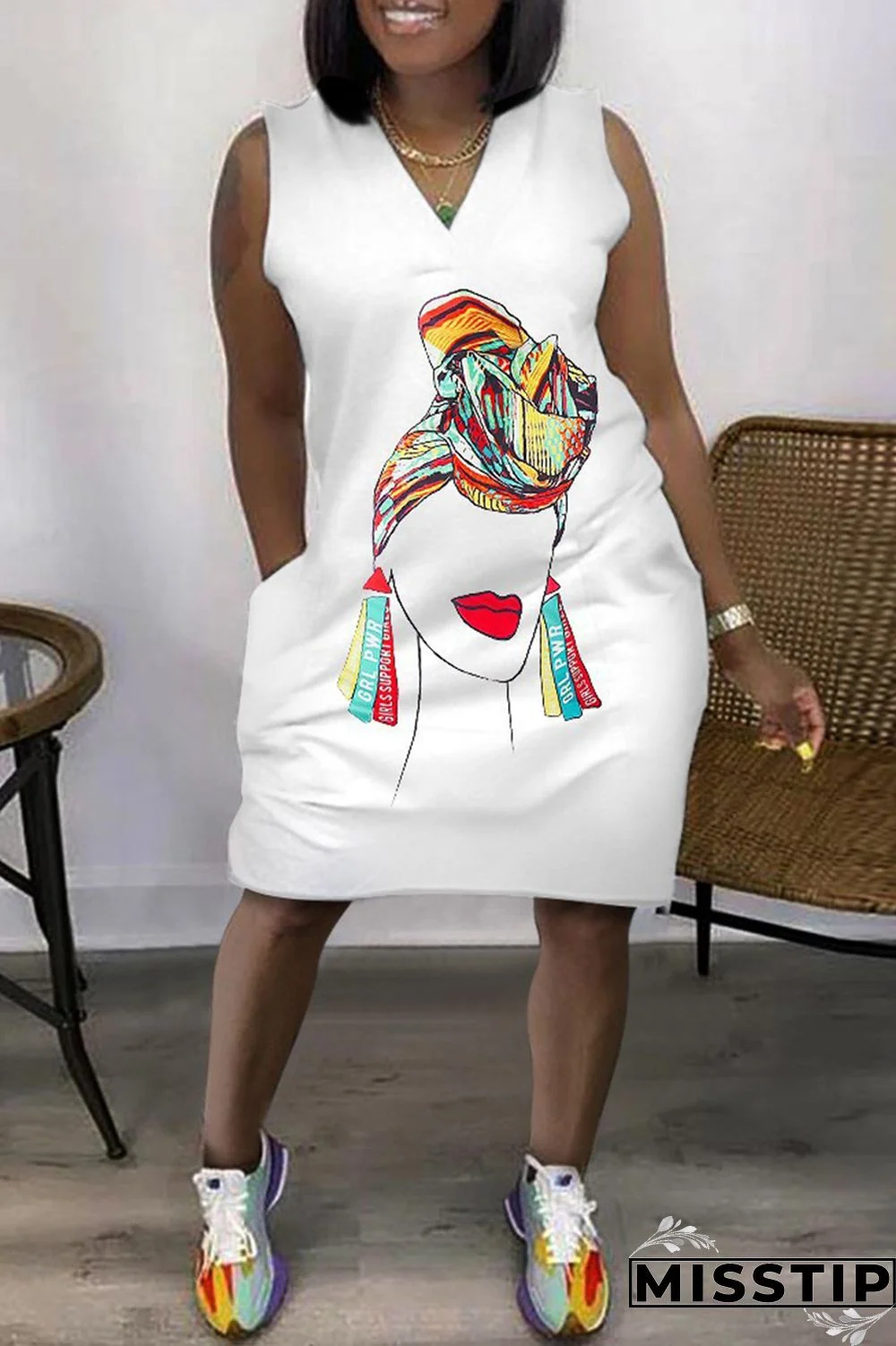 Green Fashion Casual Print Patchwork V Neck Sleeveless Plus Size Dress