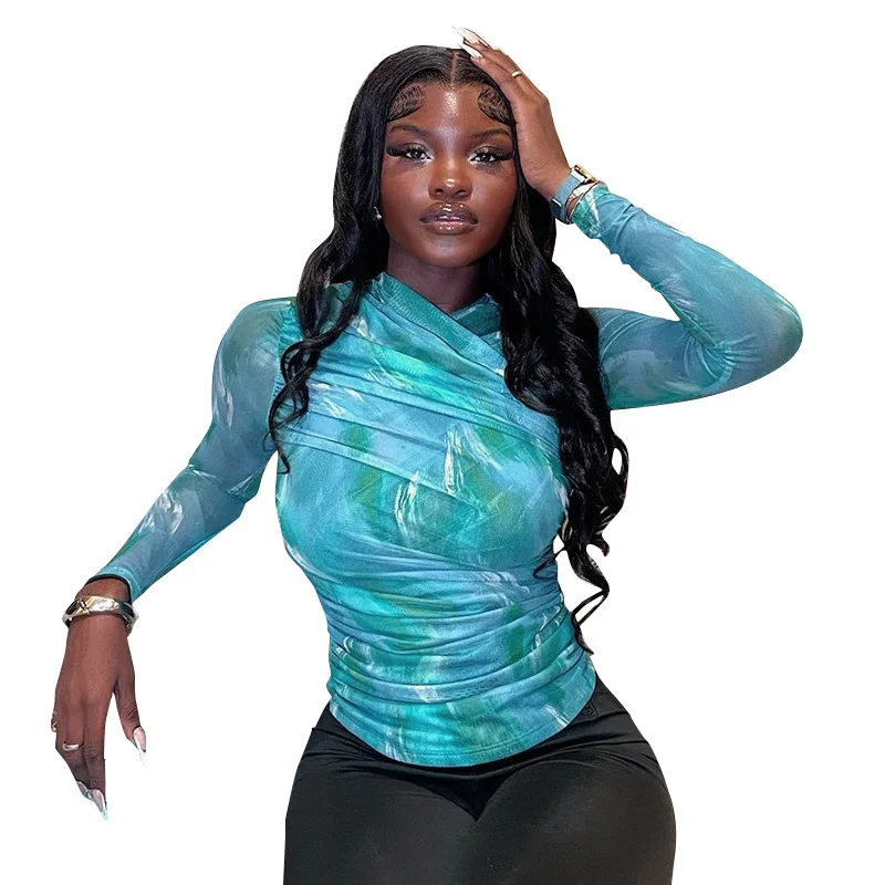 Uveng Uveng Women's Autumn And Winter Cross-Neck Folding Folding Waist Dyed Printing Mesh Yarn T-Shirt