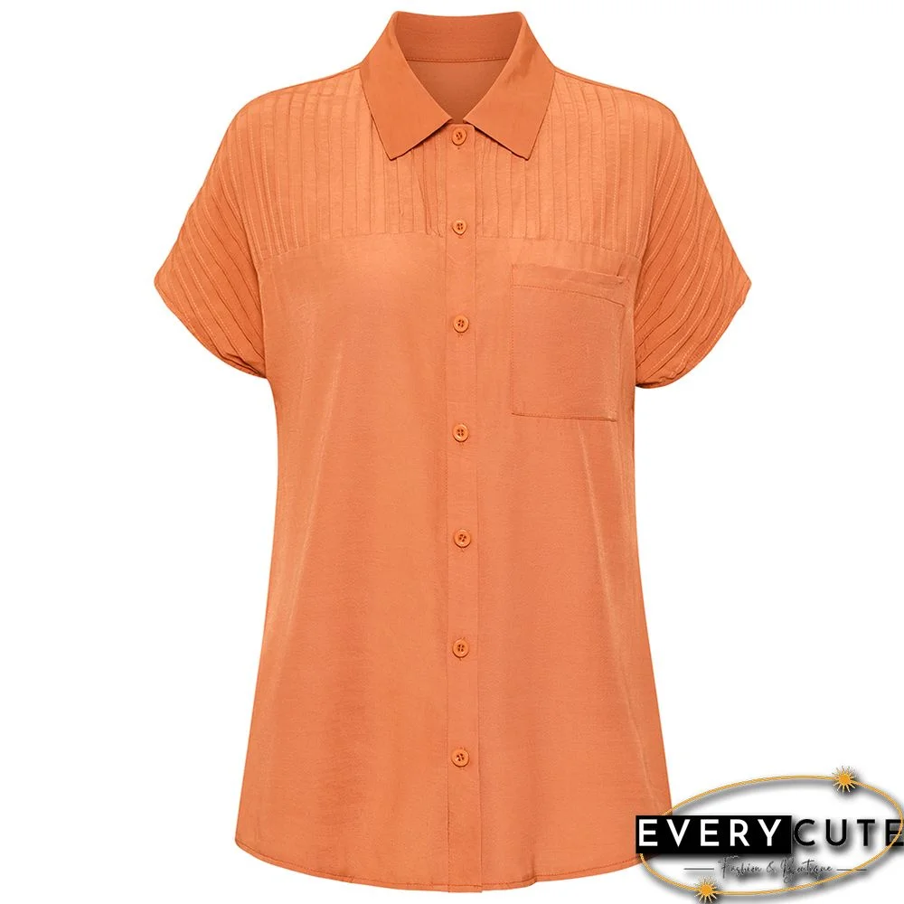 Orange Lapel Button Short Sleeve Pocket Shirt