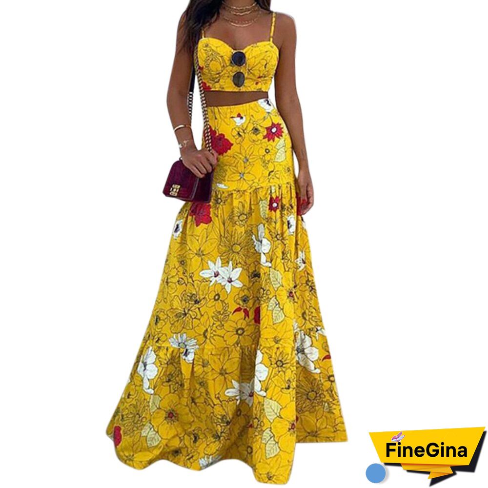 Women Summer Beach Dress 2Pcs Suit Floral Print Holiday Halter Crop Top Midi Dress Slim Waist Pleated Hem Dress Outfits D30