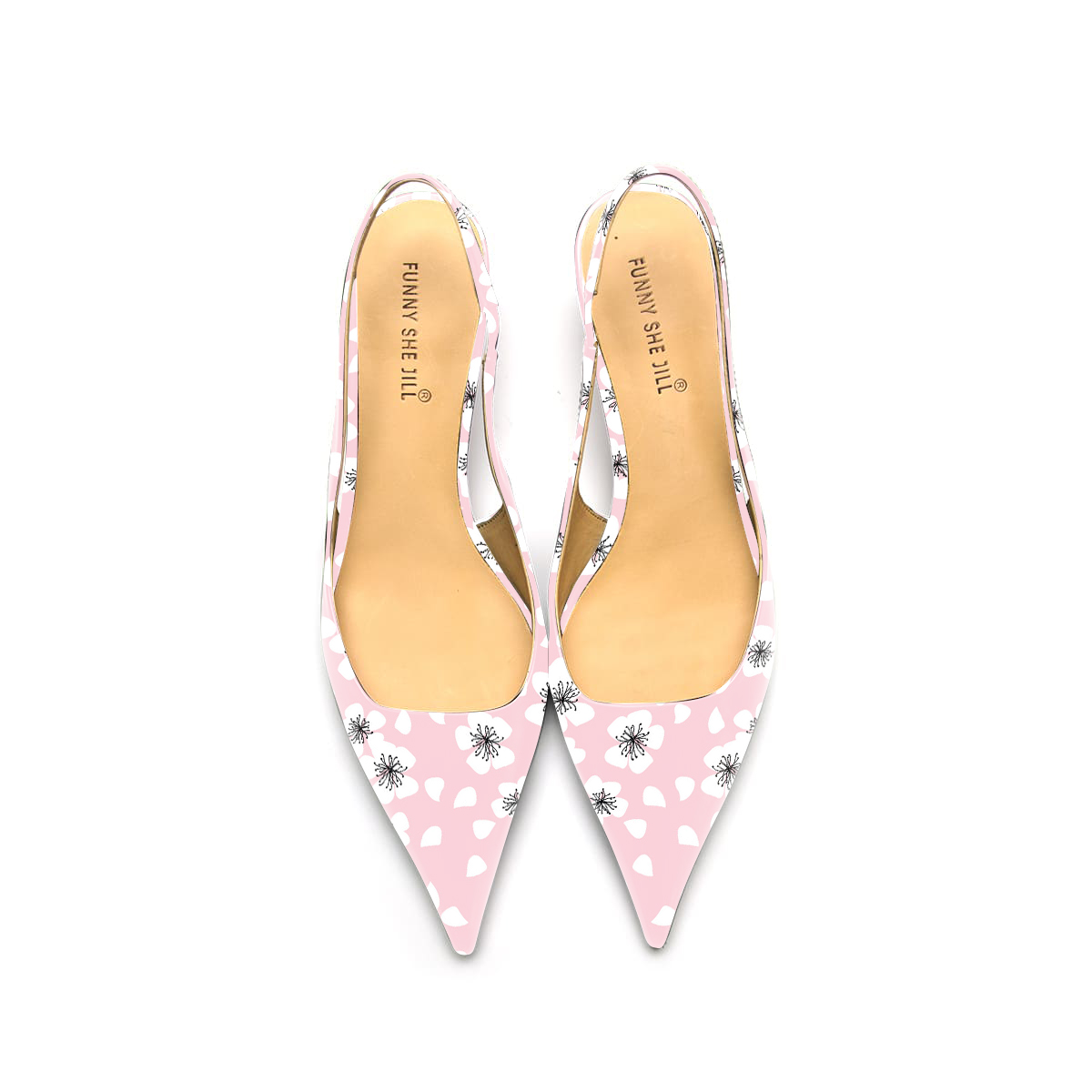 Pink & White Flower Print Kitten Heel Pointed Toe Slingback Shoes Nicepairs