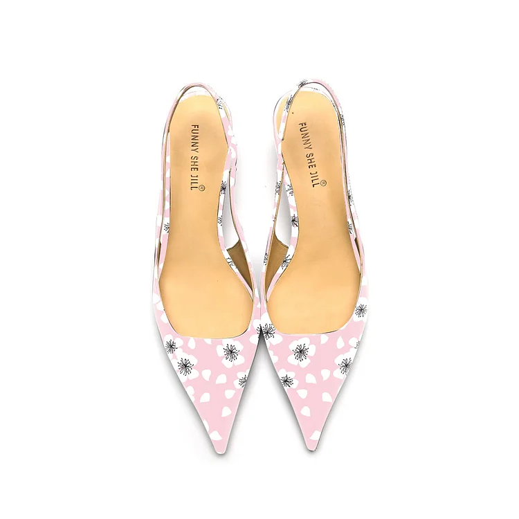 Pink Floral Patent Leather Slingback Kitten Heels Vdcoo