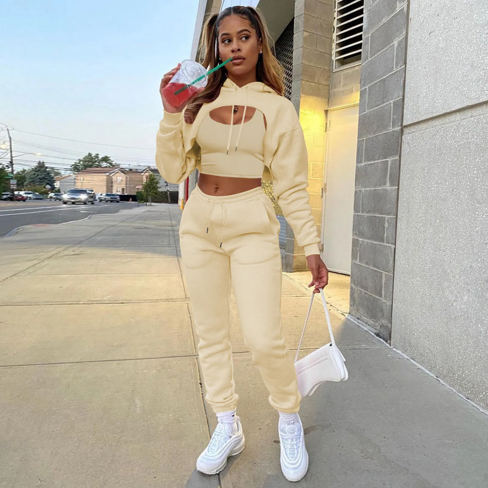 Womens Fashion Fleece Drawstring Solid Hoodies Long sleeve Pant Tank Top Three Piece