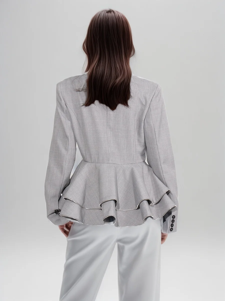 Woherb Woherb Style Temperament Elegant Small Suit 2024 Autumn New Fashion V Collar Splicing Lotus Leaf Design Coat Female-Outfit Ideas