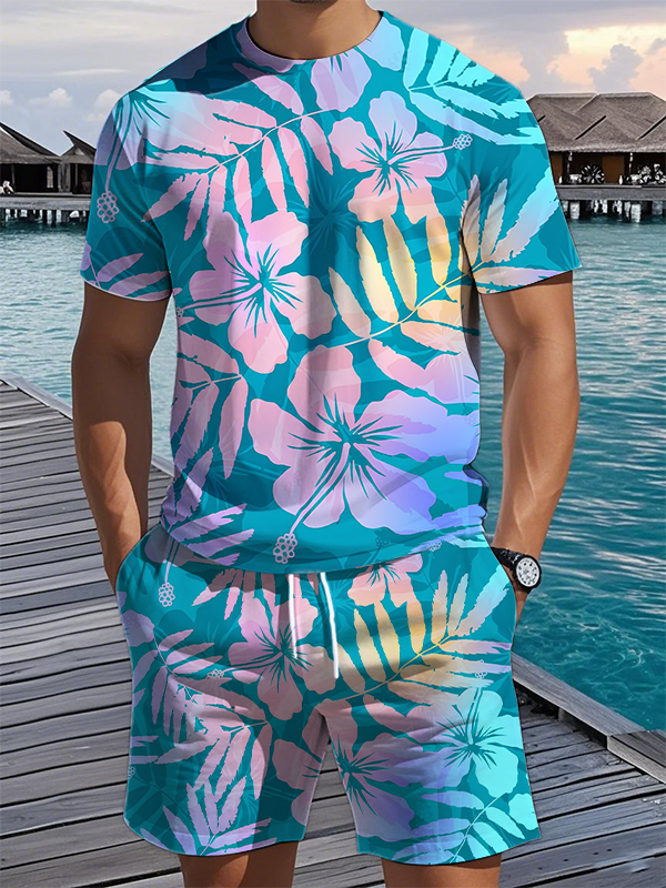 Men's Vacation Tropical Gradient Floral Plant Print T-Shirt Shorts Set