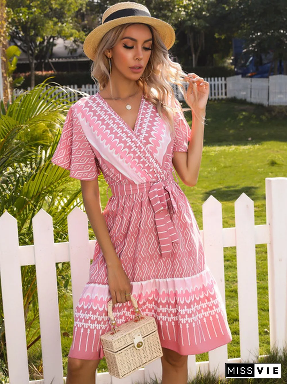 Tribal Print Flutter Sleeve Tie Side Warp Dress