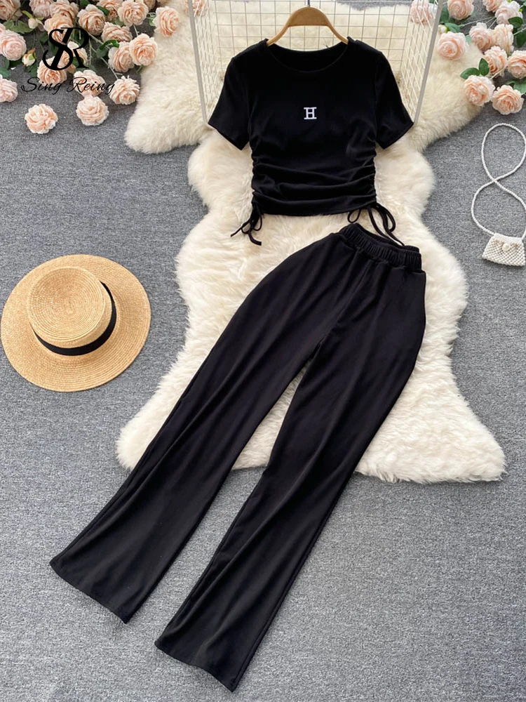 Huibahe Solid Women Slim Summer Sets 2024 Ruched Elastic Waist Pocket Fashion Temperament Wide Leg Pants Casual Two Piece Set