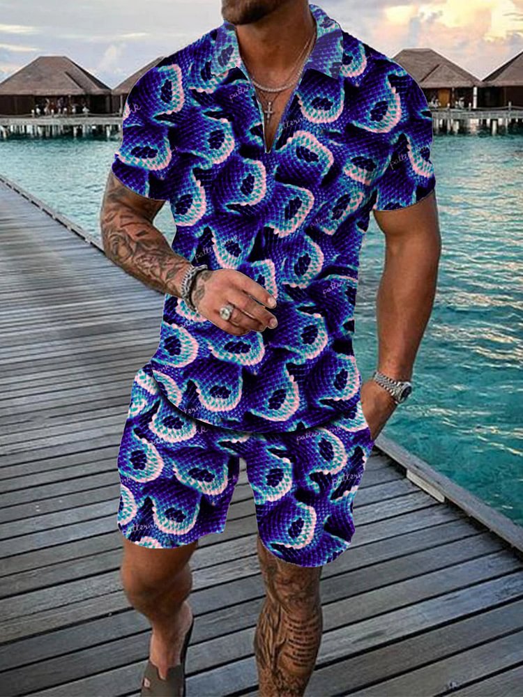 Men's Casual Resort Blue Print Polo Suit
