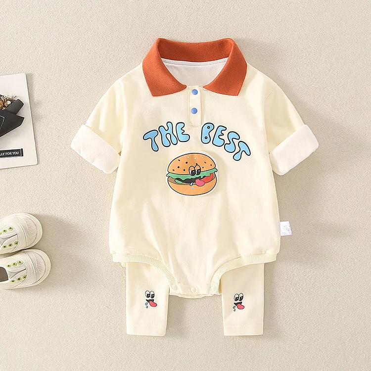 2pcs Baby Boy/Girl Contrast Polo Collar Hamburger Print Long Sleeve T-shirt and Wacky Print Pants Set