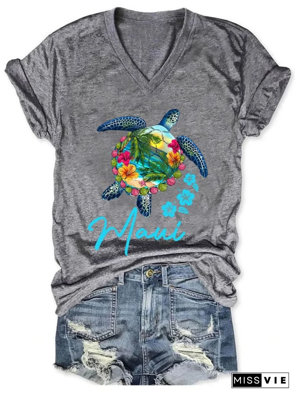 Women's Maui Sea Turtle Print Casual T-Shirt