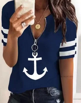 Wongn Wongn New Fashion Casual Zipper Shipping Mark Print Fashion Sleeve Short-Sleeved T-Shirt