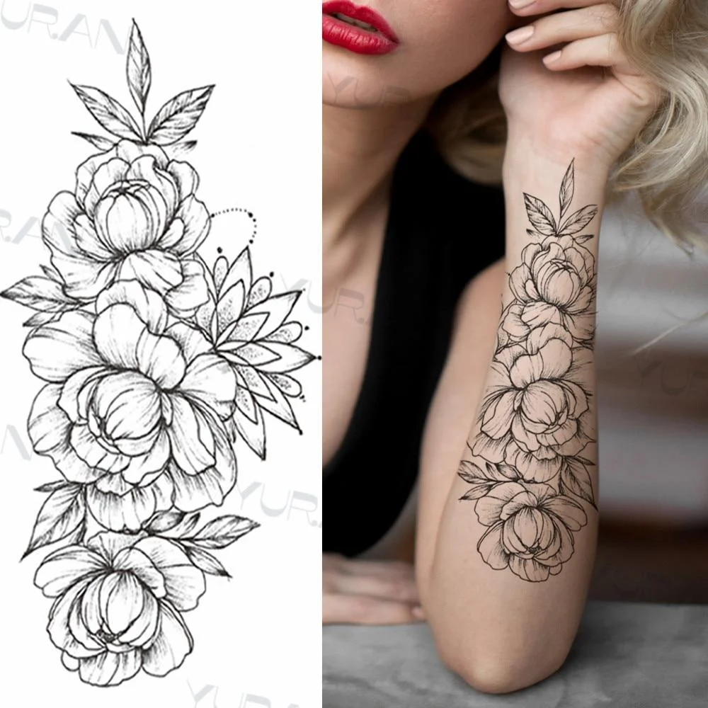 Black Large Snake Flower Fake Tattoo Sticker For Women Dot Rose Peony Temporary Tattoos DIY Water Transfer Tatoos Girls 1029